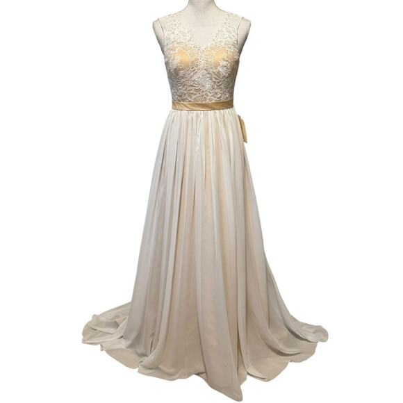 LanTing Lace Chiffon Bridal Gown Wedding Dress White with Champagne Lining NWT 6 - Picture 1 of 16